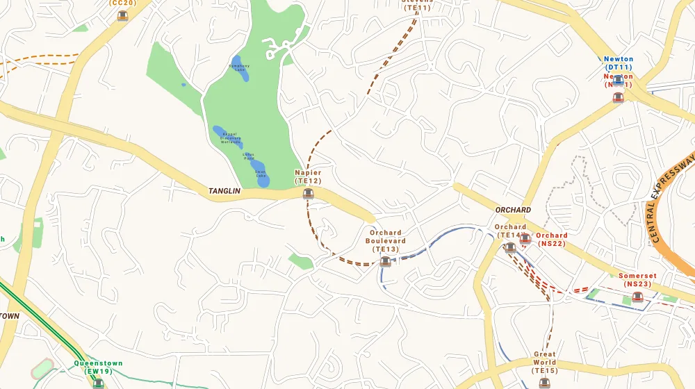 Map of the area around 19 Nassim in Bukit Timah, showing 400 m and 1 km rings and 5 supermarkets within 1 km