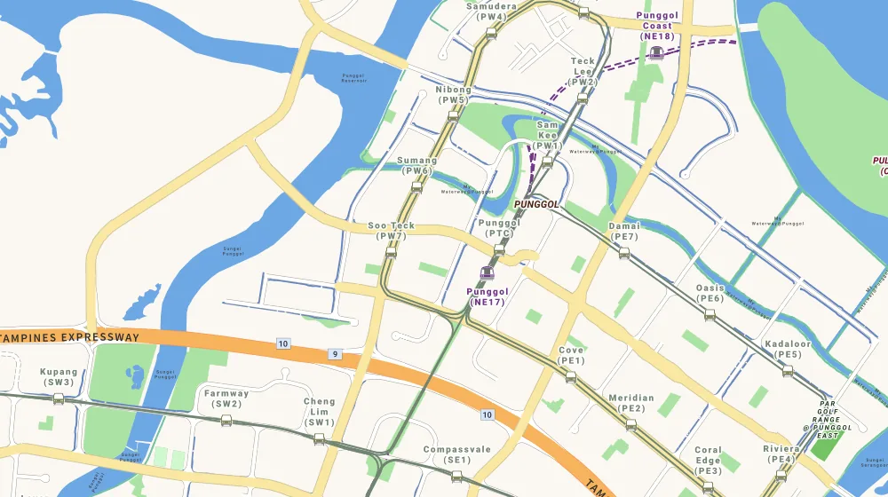 Map of the area around A Treasure Trove in Serangoon, showing 400 m and 1 km rings and 4 primary schools within 1 km