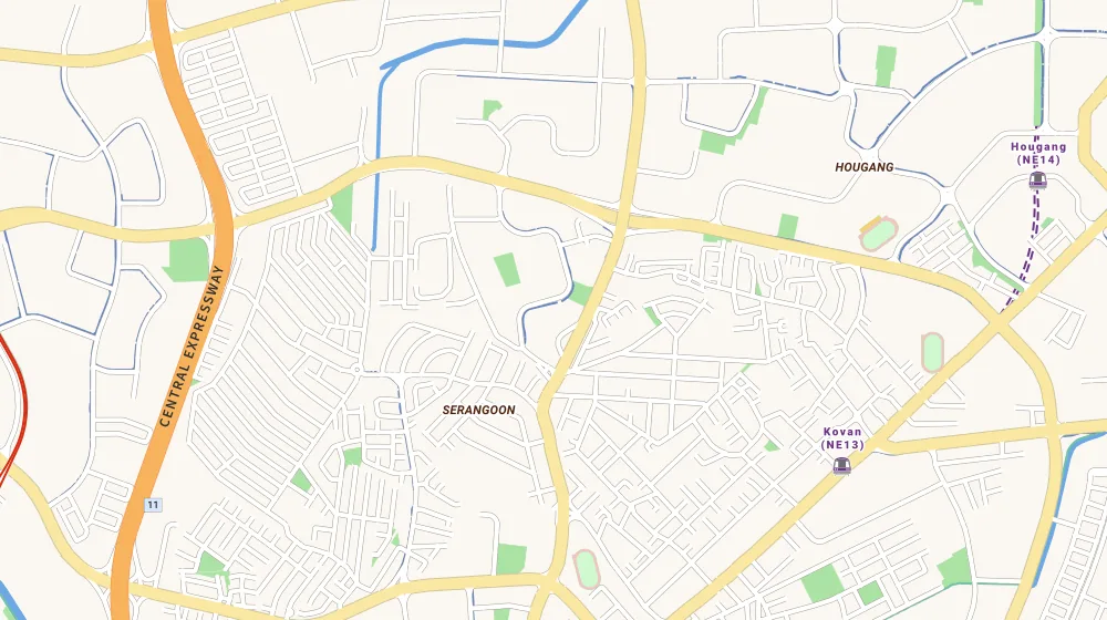 Map of the area around Affinity At Serangoon in Serangoon, showing 400 m and 1 km rings and 2 primary schools within 1 km