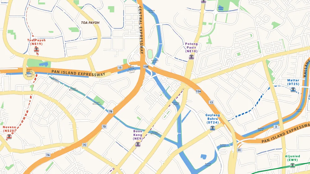 Map of the area around Airstream in Toa Payoh, showing 400 m and 1 km rings and 3 primary schools within 1 km