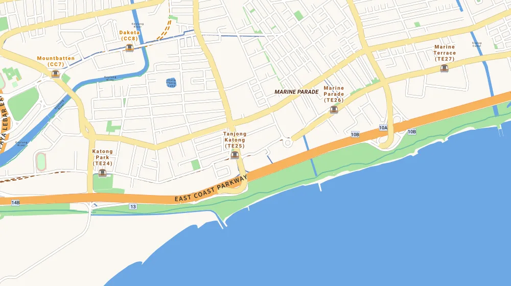 Map of the area around Amber Park in East Coast, showing 400 m and 1 km rings and 1 primary school within 1 km