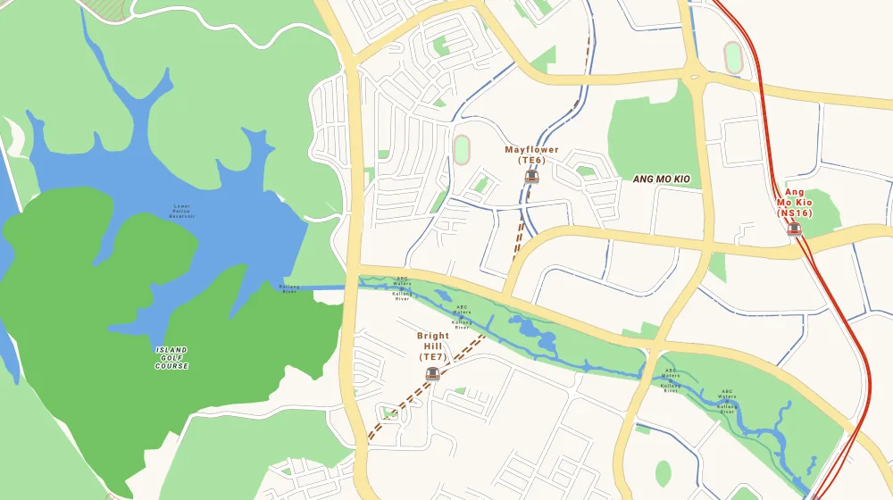 Map of the area around Amo Residence in Bishan, showing 400 m and 1 km rings and 2 primary schools within 1 km