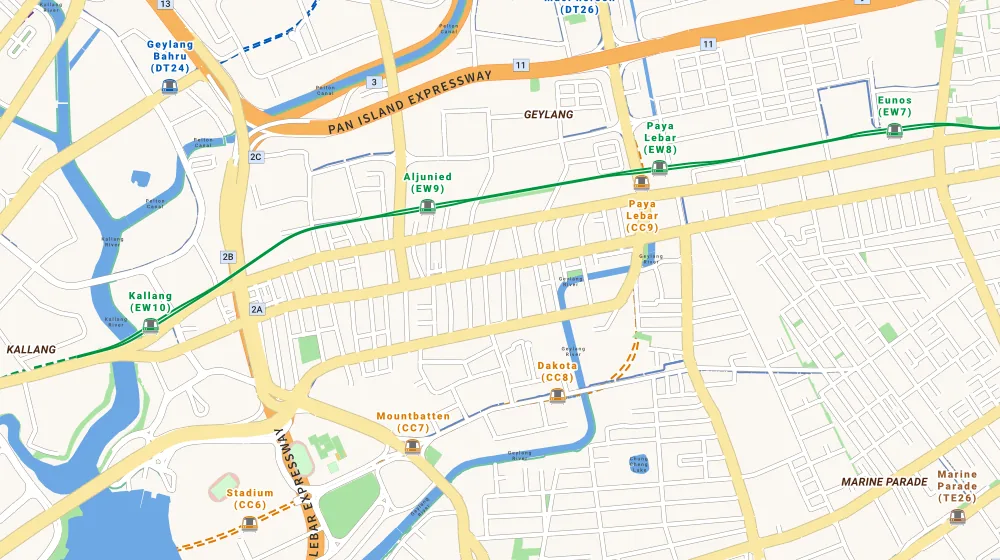 Map of the area around Atrium Residences in Eunos, showing 400 m and 1 km rings and 2 primary schools within 1 km