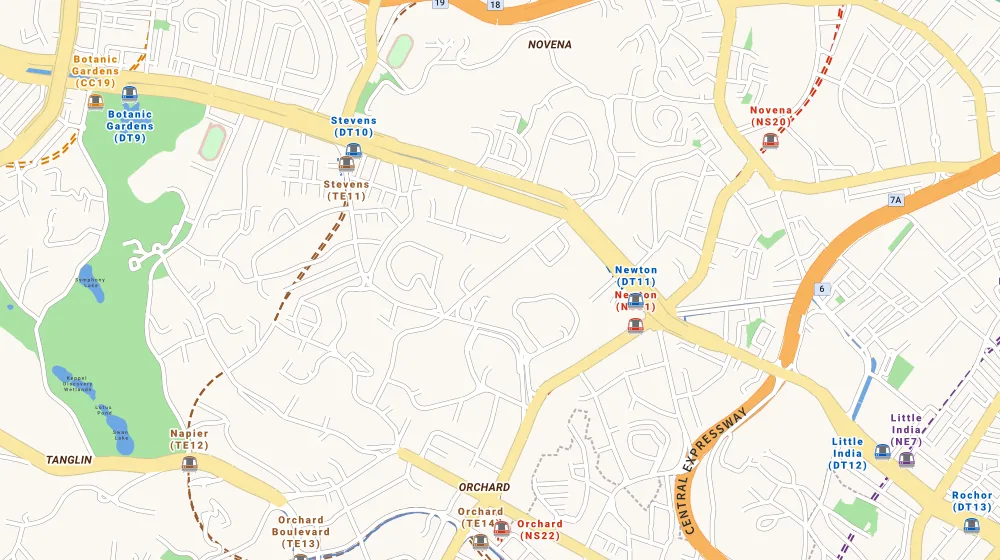 Map of the area around Balmoral 8 in Bukit Timah, showing 400 m and 1 km rings and 2 primary schools within 1 km