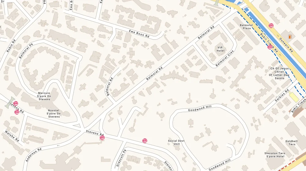 Location map of Balmoral 8, a condominium in Bukit Timah, Singapore, with the nearest condos numbered