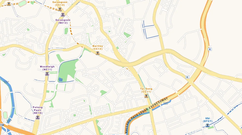Map of the area around Bartley Vue in Serangoon, showing 400 m and 1 km rings and 4 supermarkets within 1 km