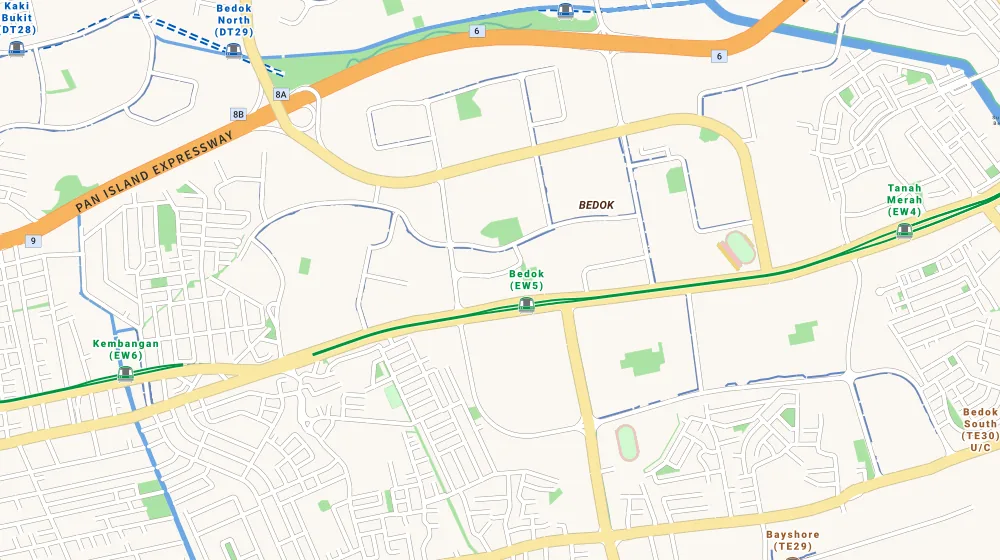 Map of the area around Bedok Residences in Bedok, showing 400 m and 1 km rings and 2 primary schools within 1 km