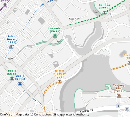 Map of the area around Blk 1 Beach Rd in Kallang/Whampoa, showing 400 m and 1 km rings and 3 hawker centres within 1 km