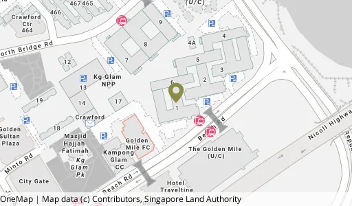 Location map of Blk 1 Beach Rd, a HDB resale block in Kallang/Whampoa, Singapore
