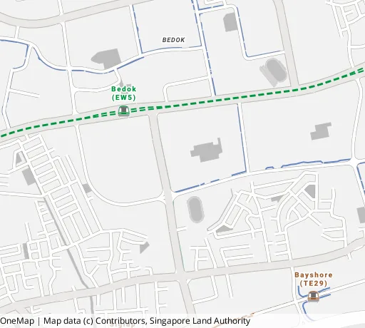 Map of the area around Blk 1 Bedok Sth Ave 1 in Bedok, showing 400 m and 1 km rings and 1 primary school within 1 km