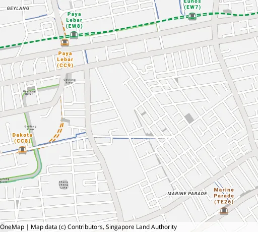 Map of the area around Blk 1 Haig Rd in Geylang, showing 400 m and 1 km rings and 2 primary schools within 1 km