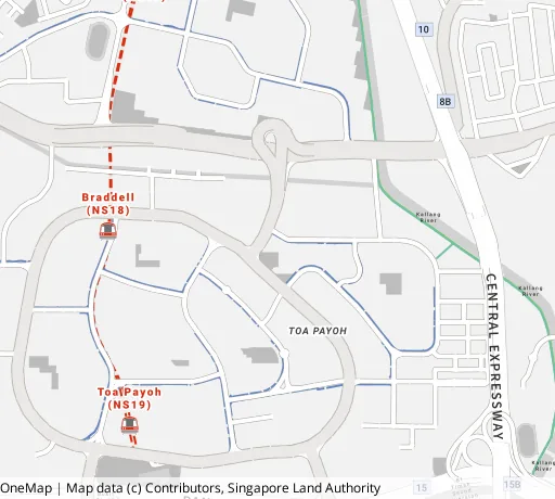 Map of the area around Blk 1 Lor 7 Toa Payoh in Toa Payoh, showing 400 m and 1 km rings and 3 primary schools within 1 km