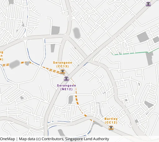 Map of the area around Blk 1 Lor Lew Lian in Serangoon, showing 400 m and 1 km rings and 1 primary school within 1 km