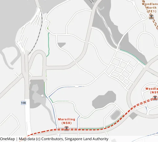 Map of the area around Blk 1 Marsiling Dr in Woodlands, showing 400 m and 1 km rings and 1 primary school within 1 km