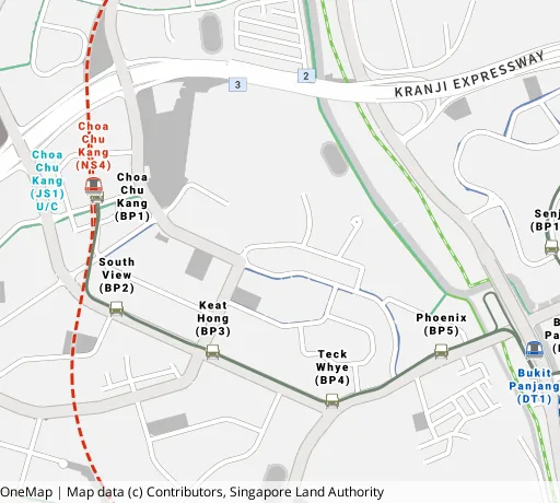 Map of the area around Blk 1 Teck Whye Ave in Choa Chu Kang, showing 400 m and 1 km rings and 3 primary schools within 1 km