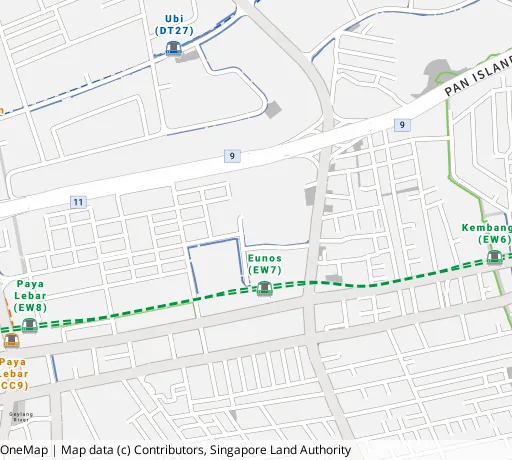 Map of the area around Blk 10 Eunos Cres in Geylang, showing 400 m and 1 km rings and 1 primary school within 1 km
