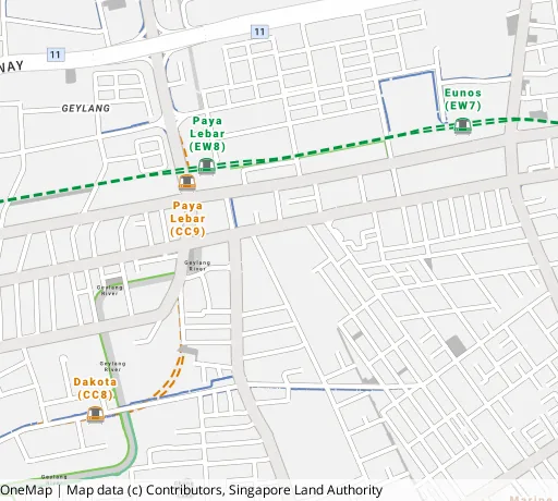 Map of the area around Blk 10 Haig Rd in Geylang, showing 400 m and 1 km rings and 2 primary schools within 1 km