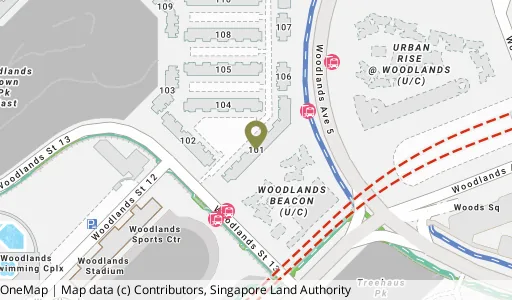 Location map of Blk 101 Woodlands St 13, a HDB resale block in Woodlands, Singapore