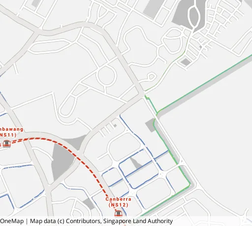Map of the area around Blk 101A Canberra St in Sembawang, showing 400 m and 1 km rings and 1 primary school within 1 km