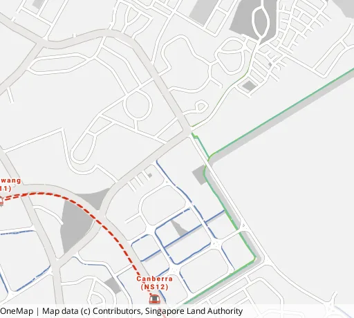Map of the area around Blk 101B Canberra St in Sembawang, showing 400 m and 1 km rings and 1 primary school within 1 km