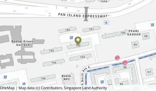 Location map of Blk 102 Bedok Nth Ave 4, a HDB resale block in Bedok, Singapore