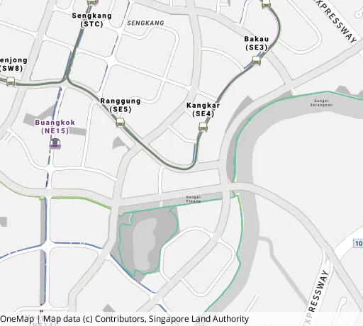 Map of the area around Blk 102 Rivervale Walk in Sengkang, showing 400 m and 1 km rings and 4 primary schools within 1 km