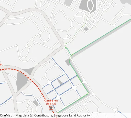 Map of the area around Blk 102A Canberra St in Sembawang, showing 400 m and 1 km rings and 5 parks within 1 km
