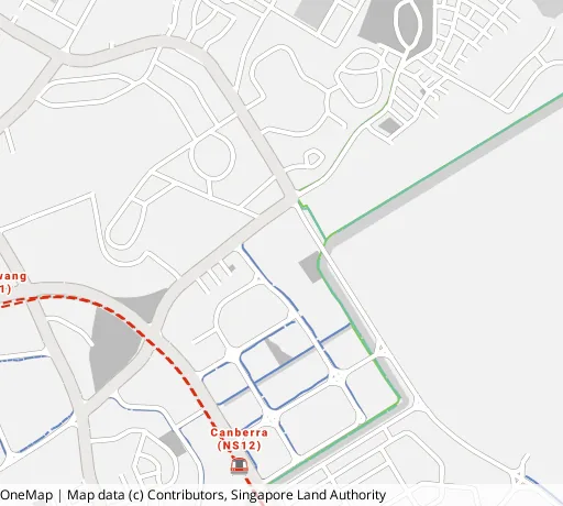 Map of the area around Blk 102B Canberra St in Sembawang, showing 400 m and 1 km rings and 6 parks within 1 km