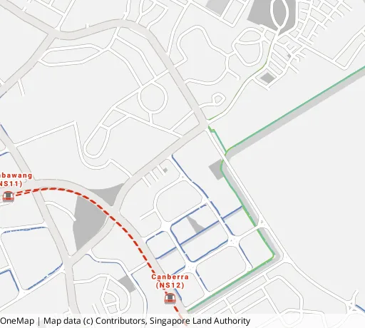 Map of the area around Blk 103A Canberra St in Sembawang, showing 400 m and 1 km rings and 1 primary school within 1 km