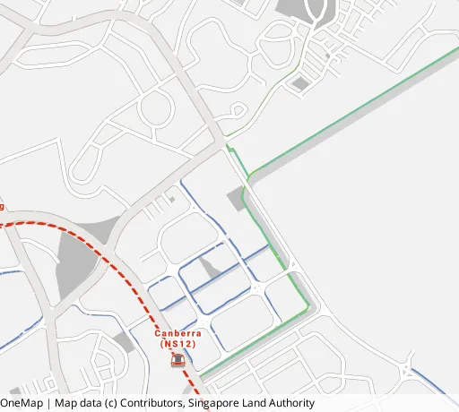 Map of the area around Blk 104A Canberra St in Sembawang, showing 400 m and 1 km rings and 5 parks within 1 km