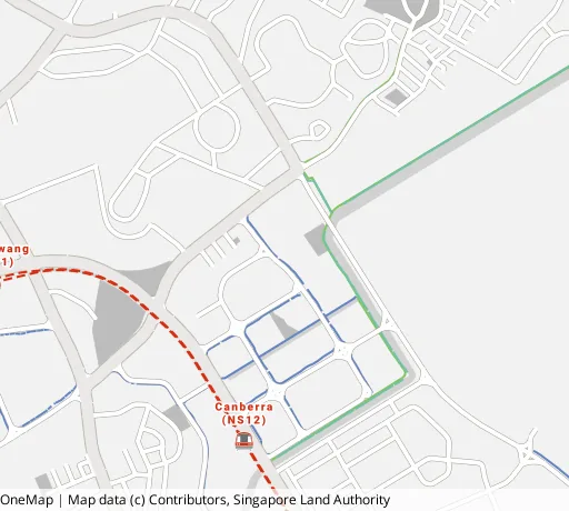 Map of the area around Blk 104B Canberra St in Sembawang, showing 400 m and 1 km rings and 1 hawker centre within 1 km