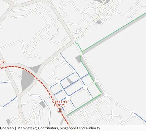 Map of the area around Blk 104C Canberra St in Sembawang, showing 400 m and 1 km rings and 5 parks within 1 km