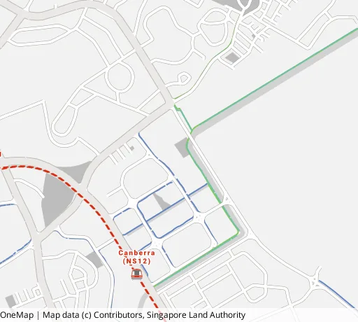 Map of the area around Blk 104D Canberra St in Sembawang, showing 400 m and 1 km rings and 5 parks within 1 km
