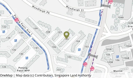 Location map of Blk 105 Potong Pasir Ave 1, a HDB resale block in Toa Payoh, Singapore
