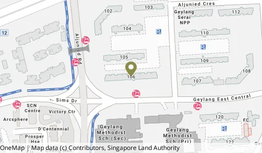 Location map of Blk 106 Aljunied Cres, a HDB resale block in Geylang, Singapore