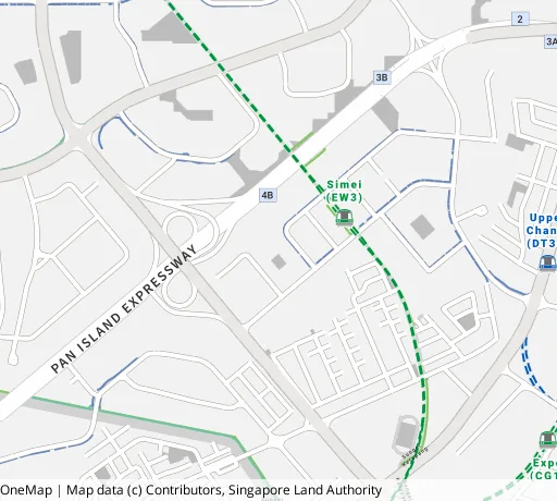 Map of the area around Blk 106 Simei St 1 in Tampines, showing 400 m and 1 km rings and 2 primary schools within 1 km