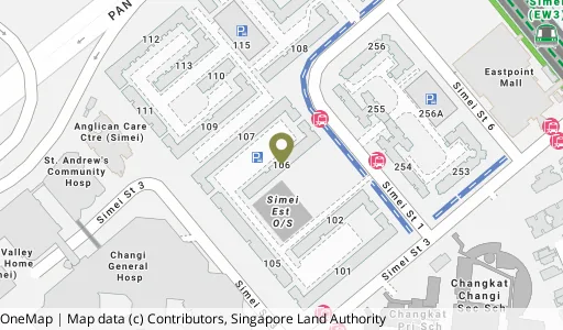 Location map of Blk 106 Simei St 1, a HDB resale block in Tampines, Singapore