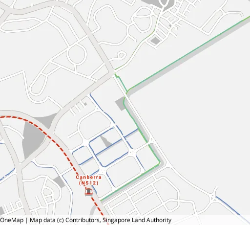 Map of the area around Blk 107A Canberra St in Sembawang, showing 400 m and 1 km rings and 5 parks within 1 km