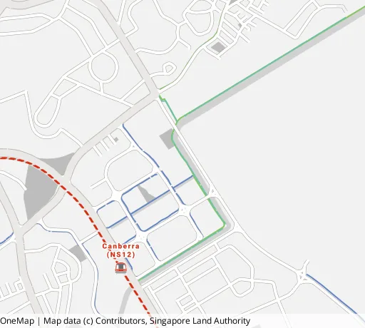 Map of the area around Blk 107B Canberra St in Sembawang, showing 400 m and 1 km rings and 4 parks within 1 km