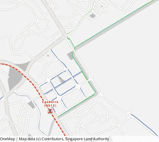 Map of the area around Blk 107C Canberra St in Sembawang, showing 400 m and 1 km rings and 4 parks within 1 km