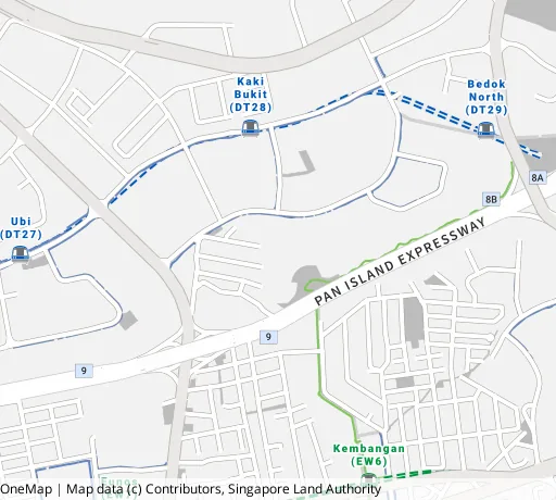 Map of the area around Blk 108 Bedok Reservoir Rd in Bedok, showing 400 m and 1 km rings and 2 primary schools within 1 km