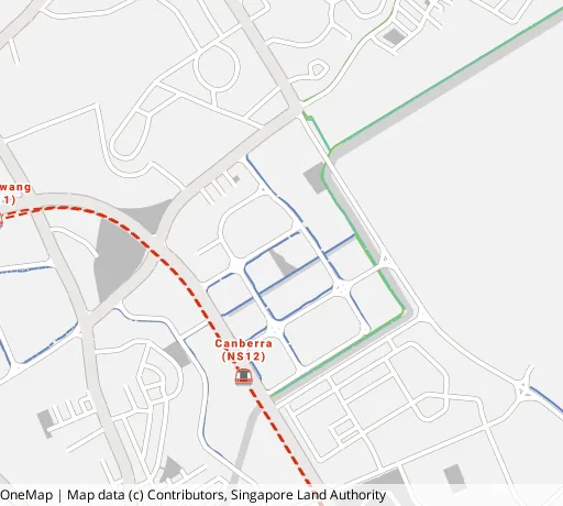 Map of the area around Blk 108A Canberra Walk in Sembawang, showing 400 m and 1 km rings and 1 hawker centre within 1 km