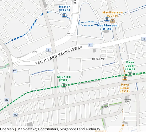 Map of the area around Blk 109 Aljunied Cres in Geylang, showing 400 m and 1 km rings and 2 primary schools within 1 km