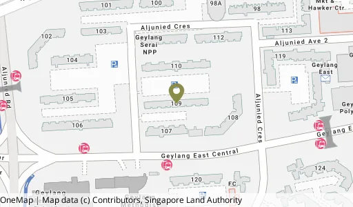 Location map of Blk 109 Aljunied Cres, a HDB resale block in Geylang, Singapore