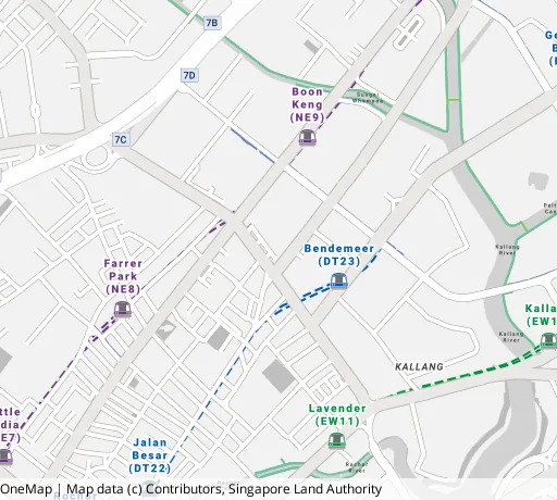 Map of the area around Blk 10A Bendemeer Rd in Kallang/Whampoa, showing 400 m and 1 km rings and 2 primary schools within 1 km