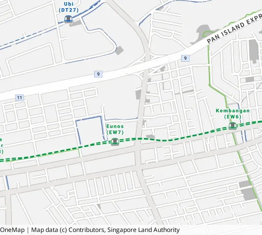 Map of the area around Blk 11 Eunos Cres in Geylang, showing 400 m and 1 km rings and 1 primary school within 1 km