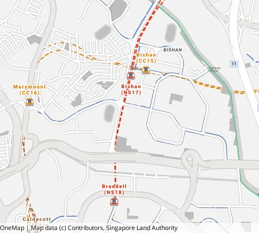 Map of the area around Blk 110 Bishan St 12 in Bishan, showing 400 m and 1 km rings and 1 primary school within 1 km