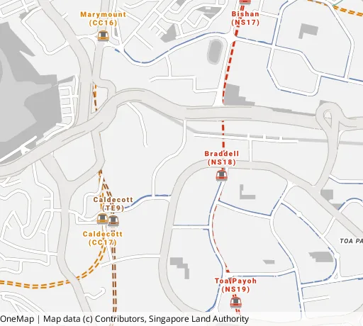 Map of the area around Blk 114 Lor 1 Toa Payoh in Toa Payoh, showing 400 m and 1 km rings and 3 primary schools within 1 km