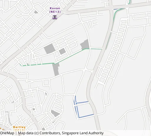 Map of the area around Blk 115 Hougang Ave 1 in Hougang, showing 400 m and 1 km rings and 2 primary schools within 1 km