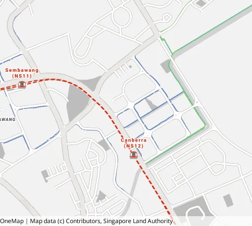 Map of the area around Blk 115A Canberra Walk in Sembawang, showing 400 m and 1 km rings and 2 primary schools within 1 km